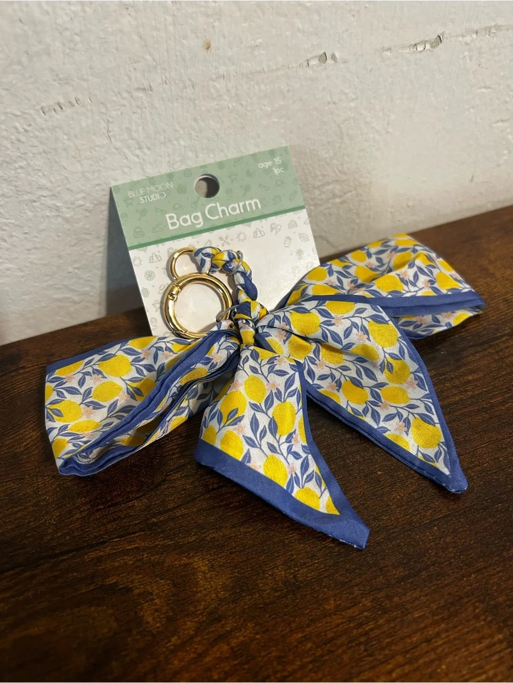 Lemon Print Bow Bag Charm Keychain with Blue Trim